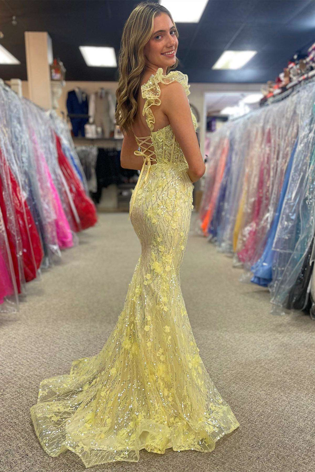 Ruffle Straps 3D Flower Mermaid Long Prom Dress