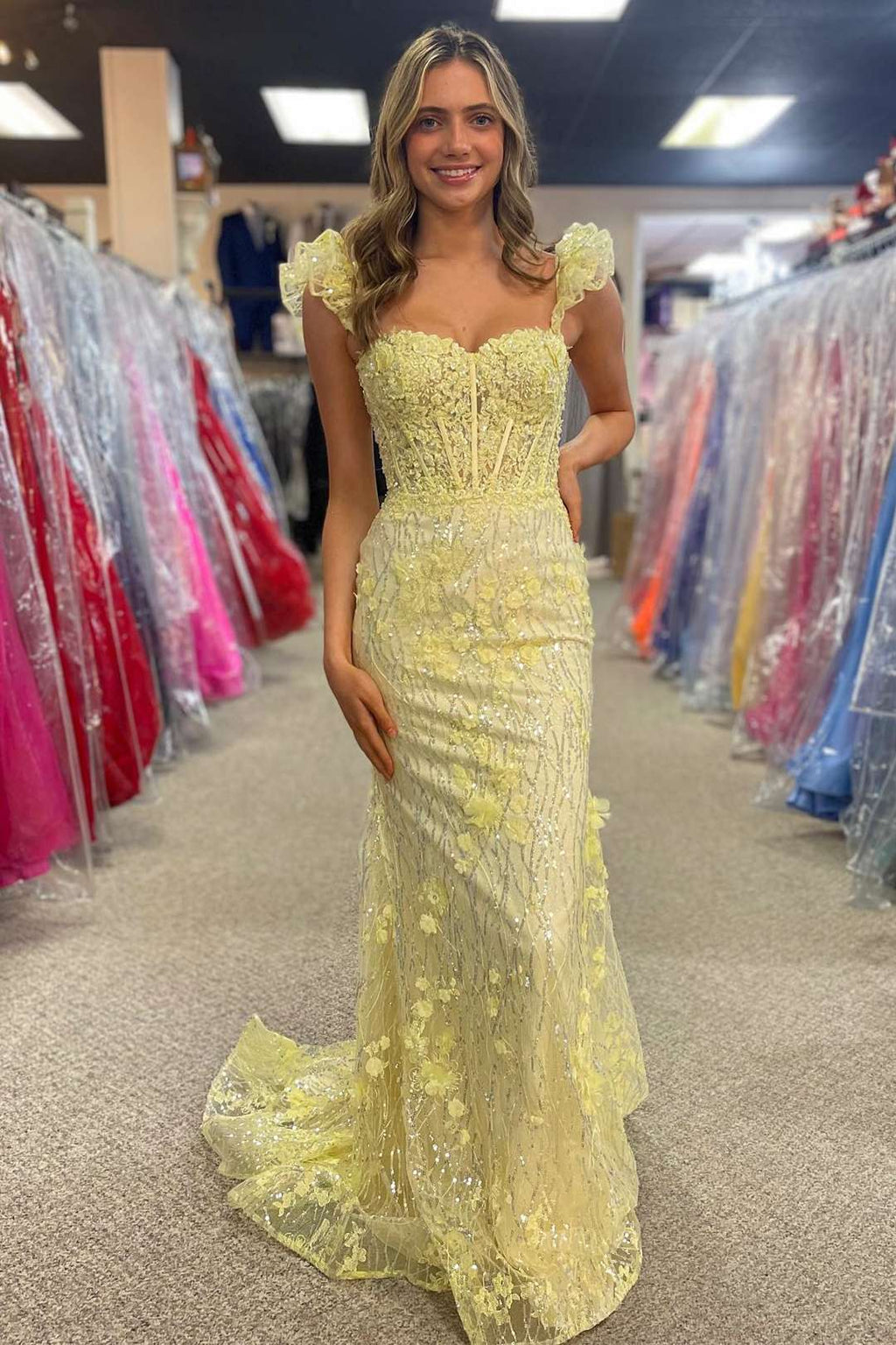 Ruffle Straps 3D Flower Mermaid Long Prom Dress