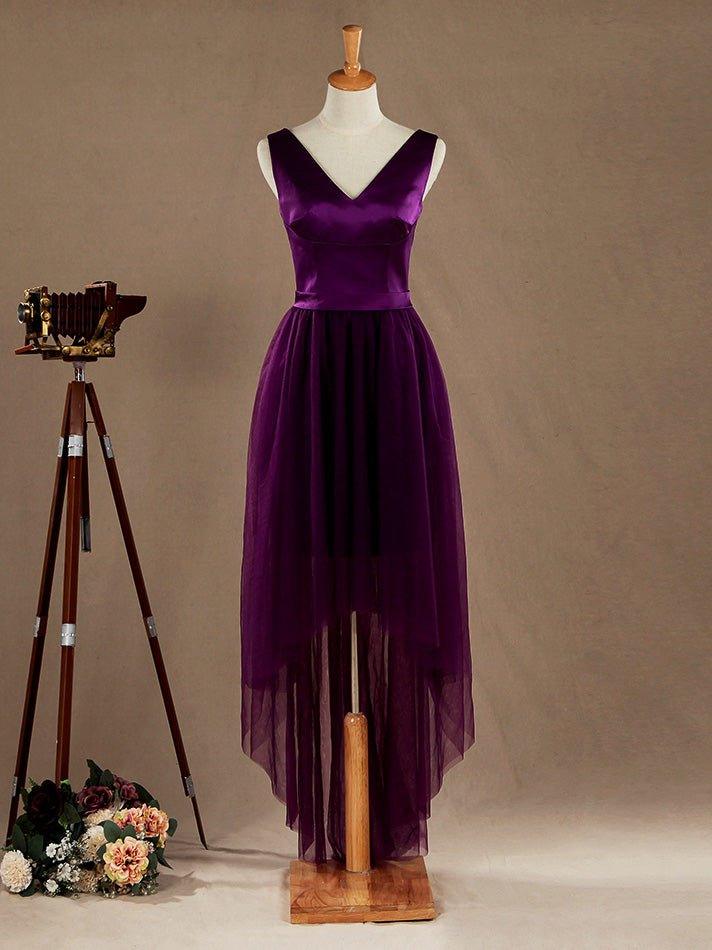 A-line V-neck High-low Hem Satin match Tulle Bridesmaid Dress