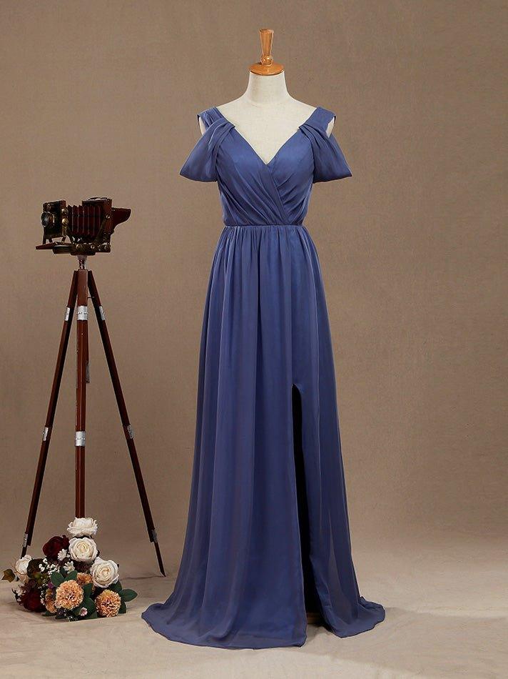 A-Line V-Neck Floor Length Chiffon Prom Formal Evening Dress with Flutter Sleeves