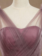 A-Line V-neck Tulle Floor Length Bridesmaid Dress with Ruching Pleats