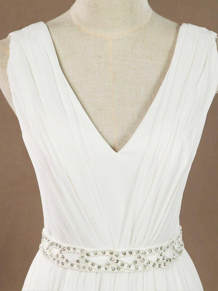 A-Line V-neck Floor Length Chiffon match Lace Wedding Dress with Beading Belt Split Short Train