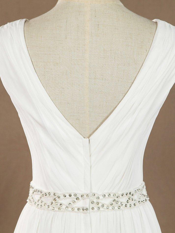 A-Line V-neck Floor Length Chiffon match Lace Wedding Dress with Beading Belt Split Short Train