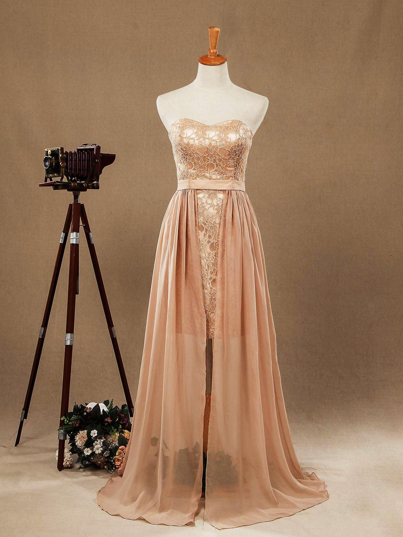 Baoleely Sheath Column Strapless Cocktail Party Prom Dress Short Lace match Long Chiffon Flap