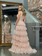 A Line Off the Shoulder Corset Prom Dress with Lace Ruffles