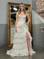A Line Off the Shoulder Corset Prom Dress with Lace Ruffles