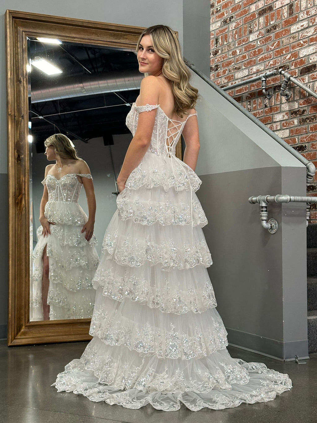 A Line Off the Shoulder Corset Prom Dress with Lace Ruffles