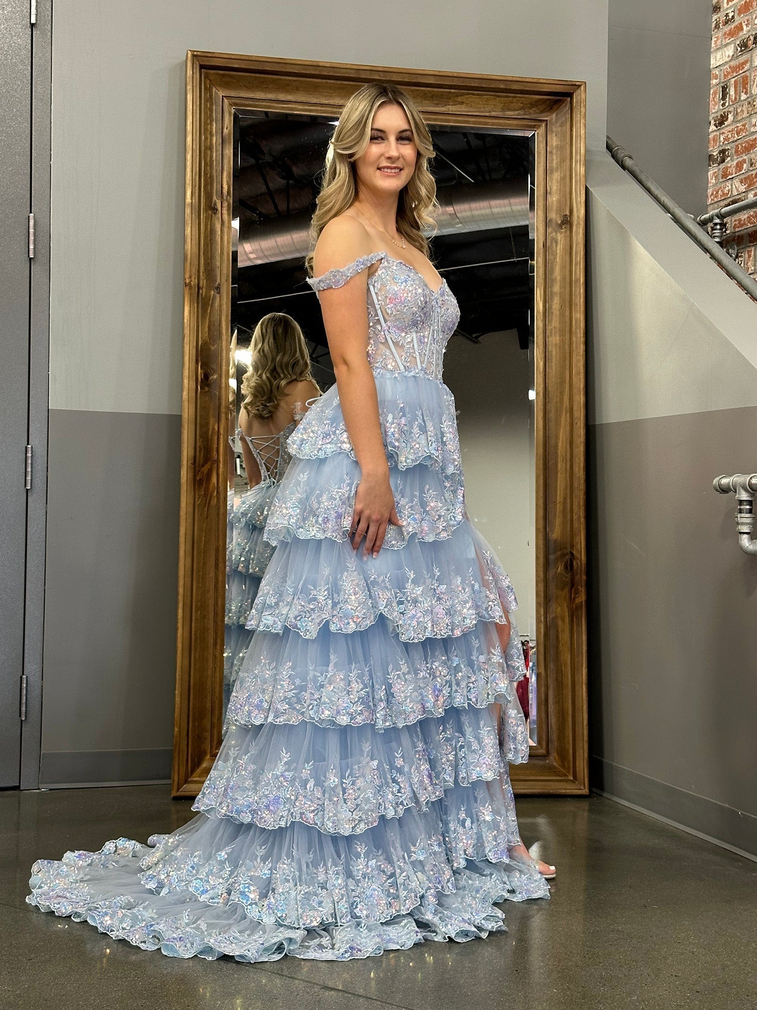 A Line Off the Shoulder Corset Prom Dress with Lace Ruffles