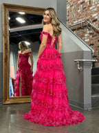 A Line Off the Shoulder Corset Prom Dress with Lace Ruffles