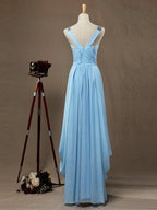 Numbersea Sheath / Column V-neck Floor Length Chiffon Prom Evening Dress with Side Draping Criss Cross Beading