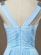 Baoleely Sheath / Column V-neck Floor Length Chiffon Prom Evening Dress with Side Draping Criss Cross Beading