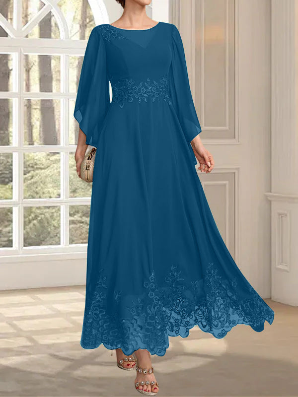 A-line Scoop Illusion Ankle-Length Lace Chiffon Mother of the Bride Dress With Sequins