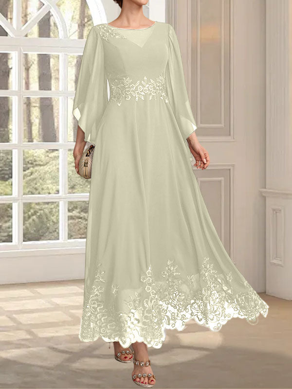 A-line Scoop Illusion Ankle-Length Lace Chiffon Mother of the Bride Dress With Sequins