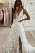 Ivory A-line Satin Tulle 3D Flowers V-neck Wedding Dresses With Slit