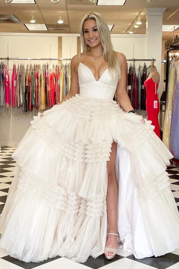 Tulle Ball Gown Spaghetti Straps Split Prom Dresses, Evening Gown