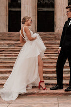Ivory Tulle Lace A-line V-neck Wedding Dresses With Pearls, Bridal Gown