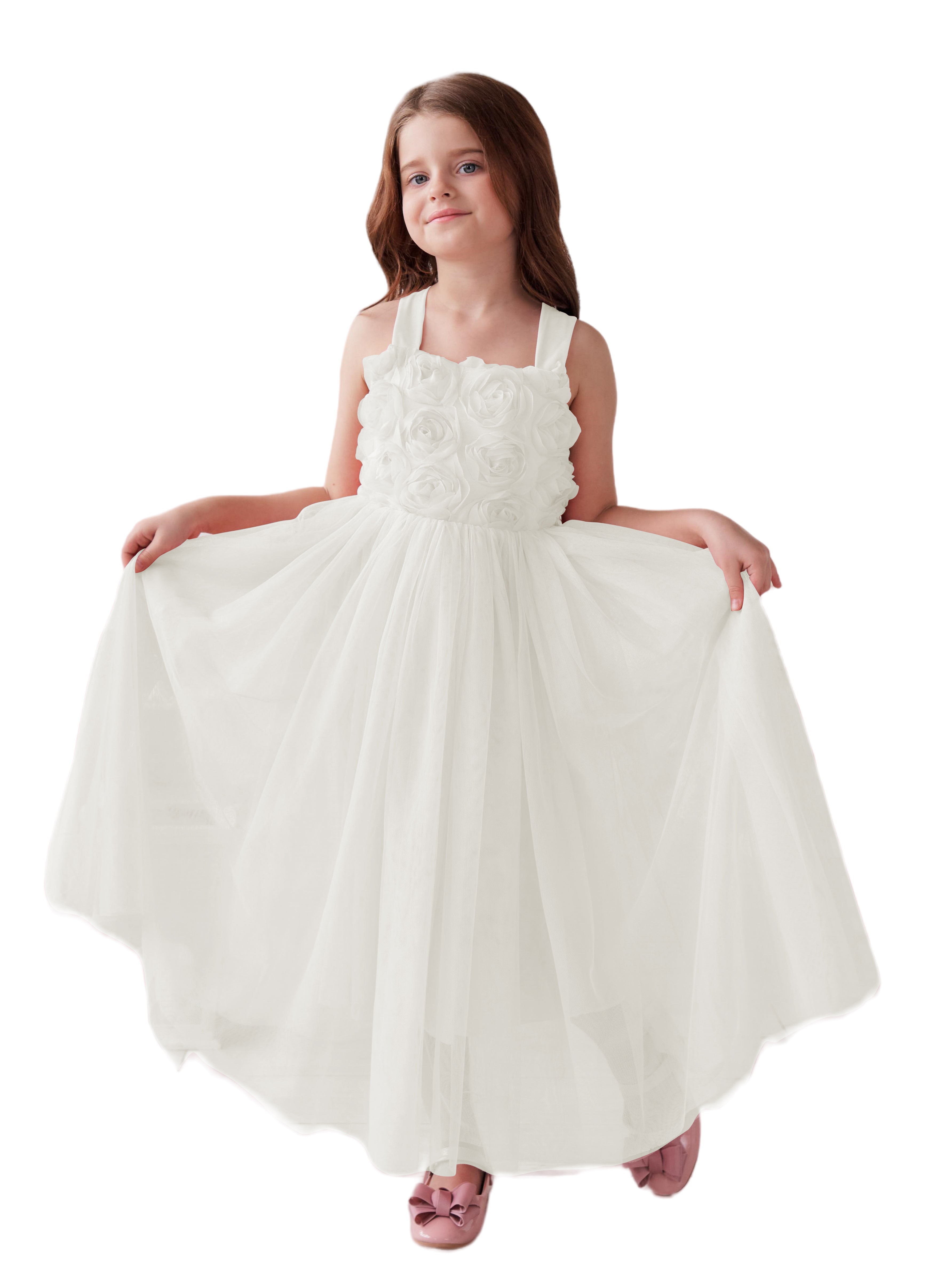 Enchanted Garden Girl Baby Toddler 3D Flower Embellishment Floral Applique Tulle Bow Dress