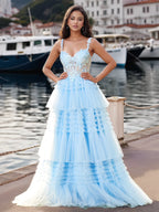 Flower Appliqued Corset Top Lace Layered Tiered Ball Gown Prom Dress
