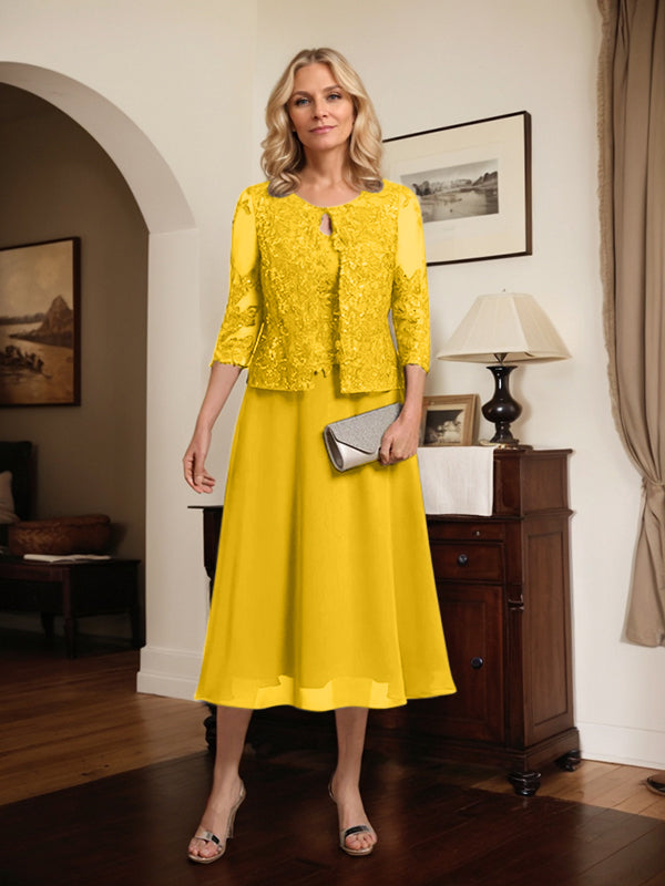 A-line Scoop Tea-Length Lace Chiffon Mother of the Bride Dress With Sequins