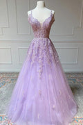 Tulle A-line V-neck Prom Dresses With Lace Appliques, Evening Dress