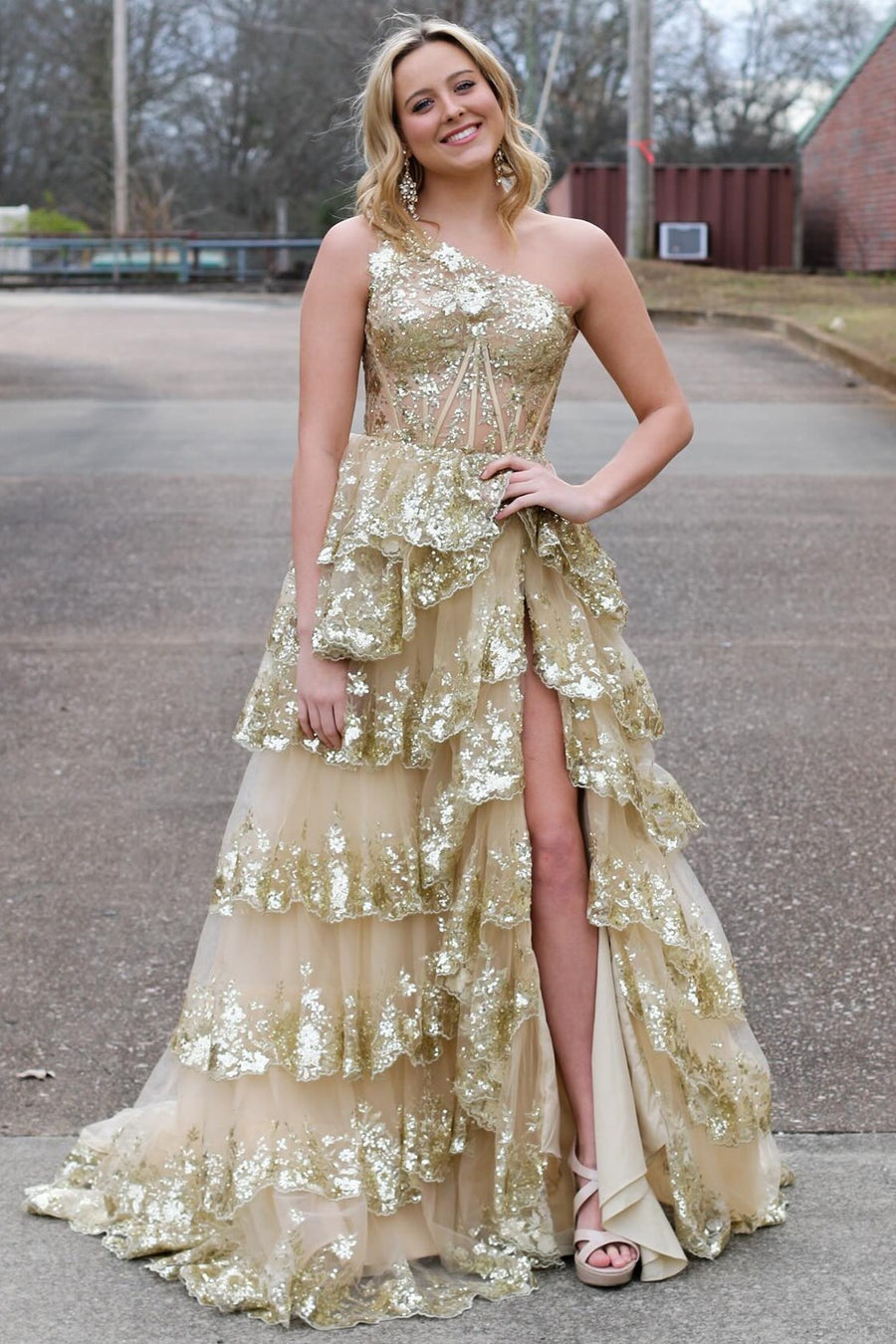 Sheath One Shoulder Tiered Lace Long Prom Dress
