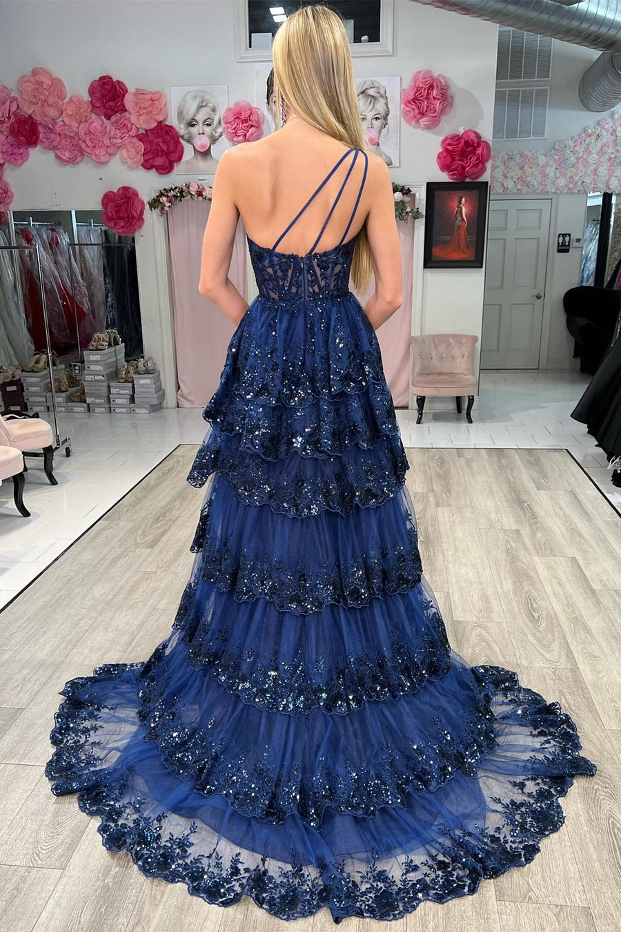 Sheath One Shoulder Tiered Lace Long Prom Dress