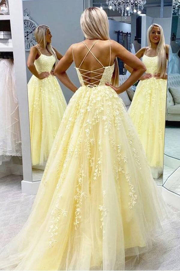 Tulle Spaghetti Straps Scoop A-Line Prom Dresses with Appliques