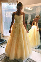 Tulle Spaghetti Straps Scoop A-Line Prom Dresses with Appliques