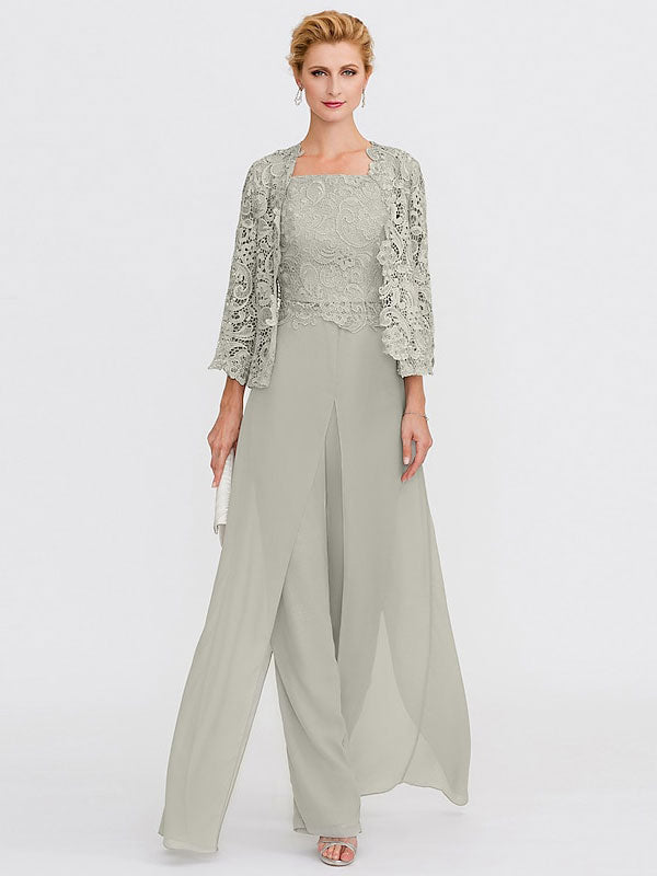 3 Piece Chiffon Square Neck Mother of the Bride Pantsuits with Jacket
