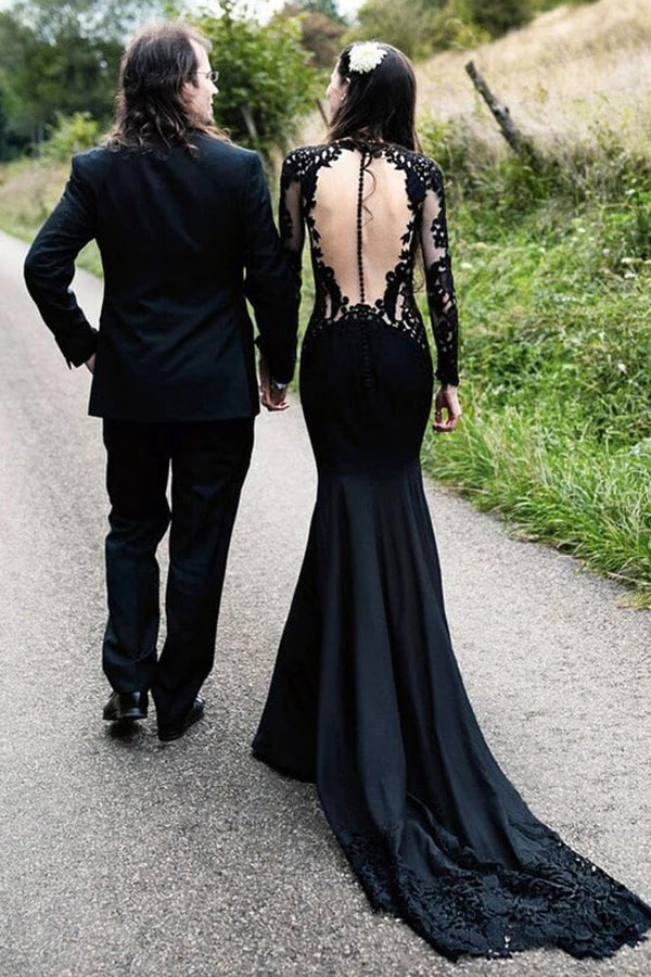 Mermaid Floral Black Wedding Dress Long Sleeve Wedding Gown
