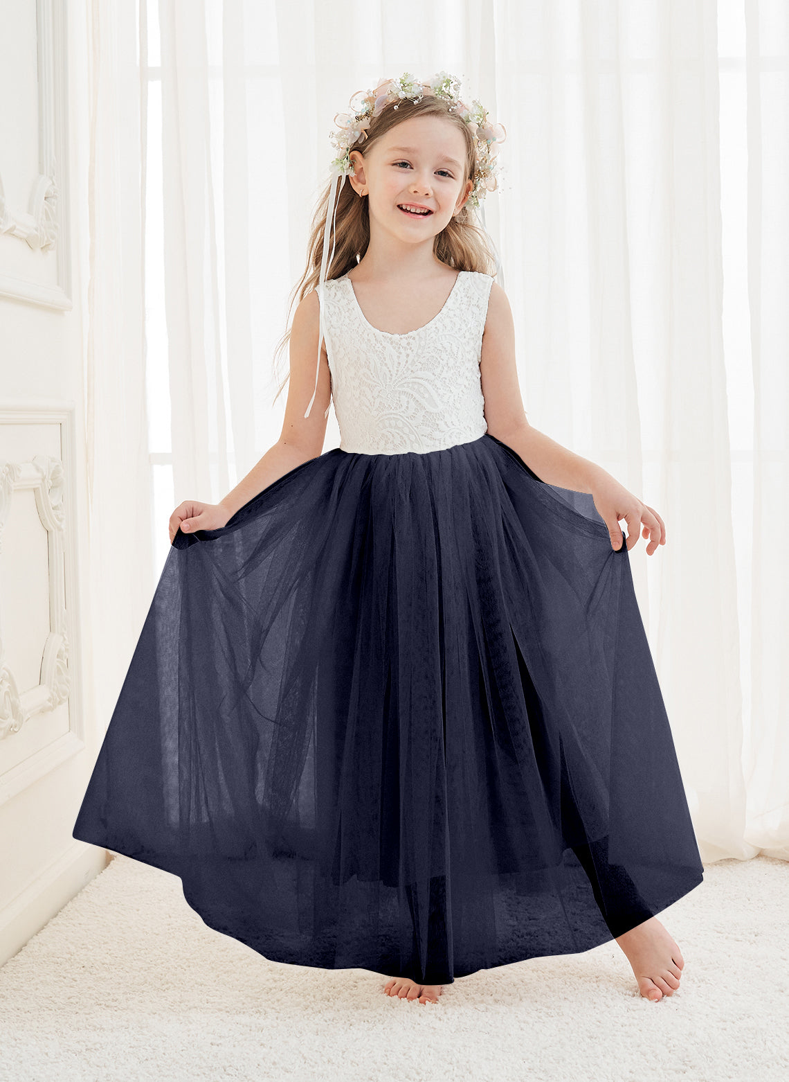 A-line Lace Tulle Ankle-length White Dress (2003227597)