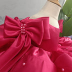 Elegant Baby Girl Rose Red Bow Sleeve Dress Toddler Communion Princess Dress