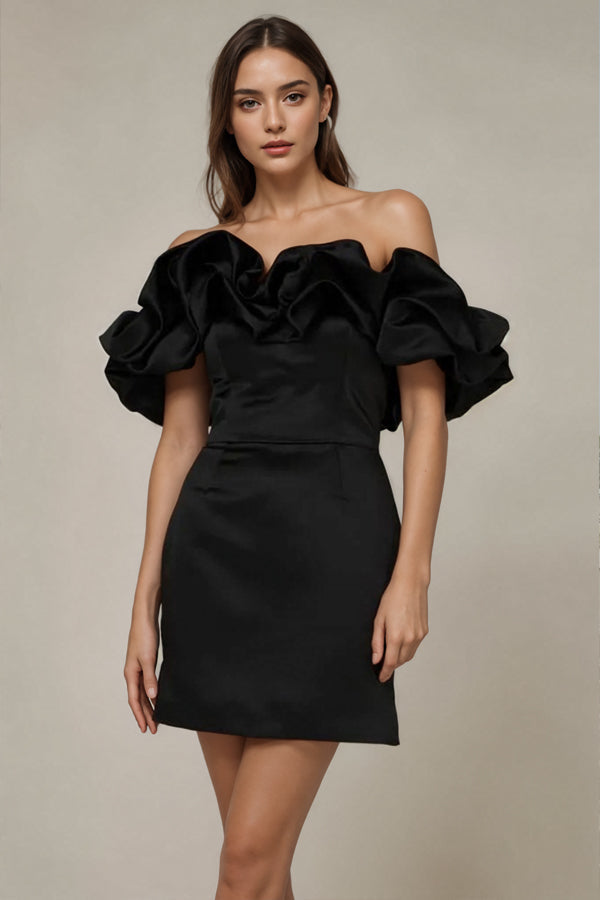 Off Shoulder Sleeveless Satin Homecoming Dress With Ruffles
