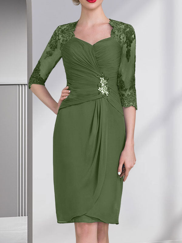 Sheath/Column Sweetheart Knee-Length Chiffon Mother of the Bride Dress With Beading Appliques Lace Sequins Pleated