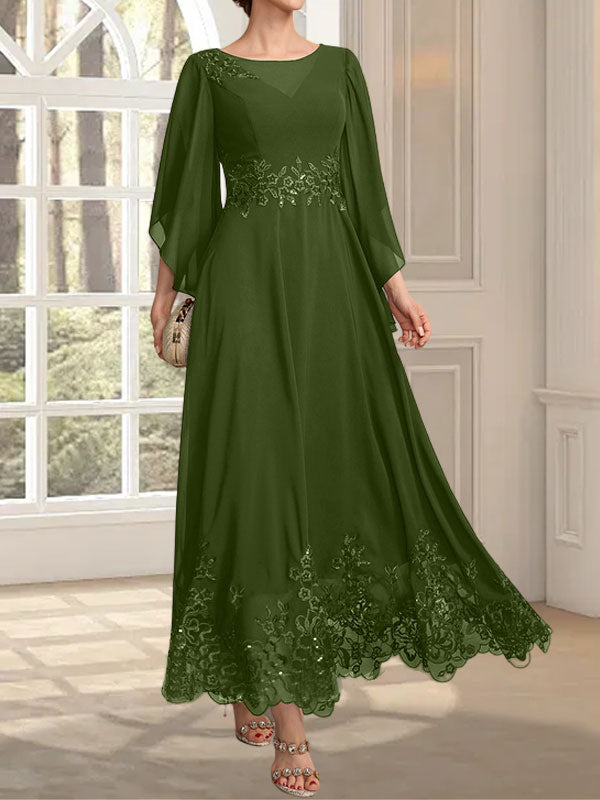 A-line Scoop Illusion Ankle-Length Lace Chiffon Mother of the Bride Dress With Sequins