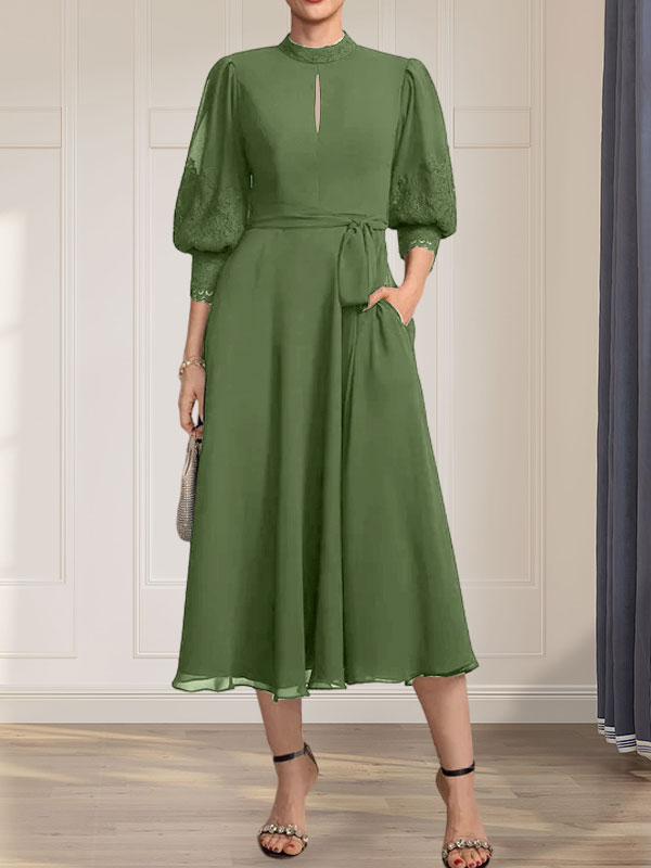 A-line High Neck Tea-Length Lace Chiffon Mother of the Bride Dress With Bow