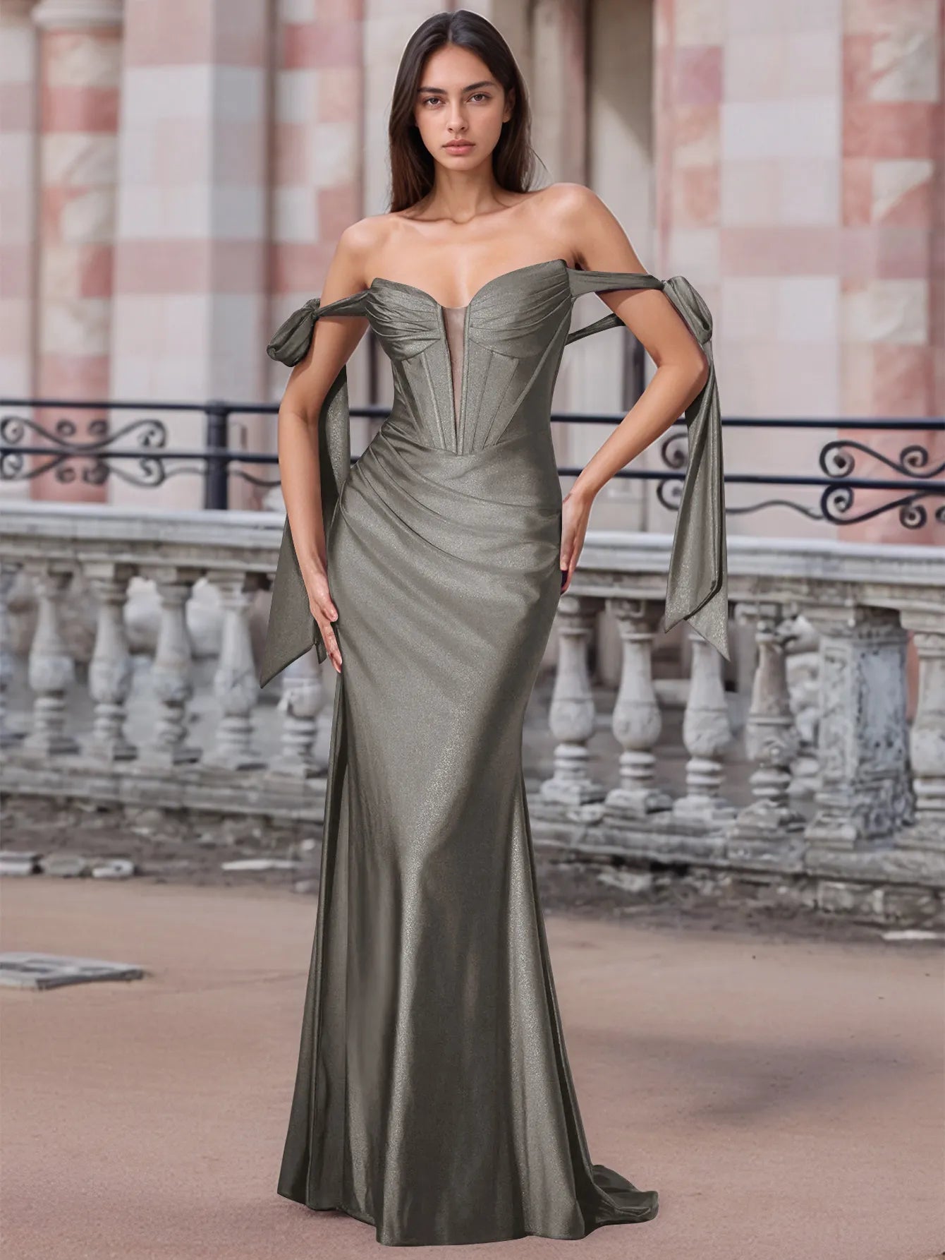 Off Shoulder Lace Up Bow Trumpet Prom Dress