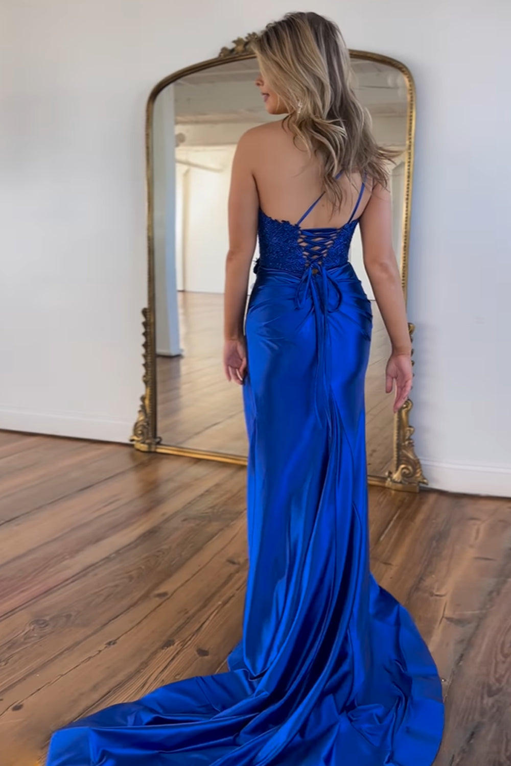 One Shoulder Mermaid Ruched Long Corset Prom Dress with Appliques