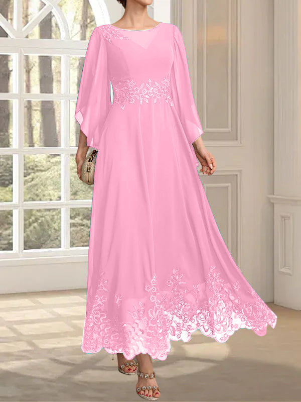 A-line Scoop Illusion Ankle-Length Lace Chiffon Mother of the Bride Dress With Sequins