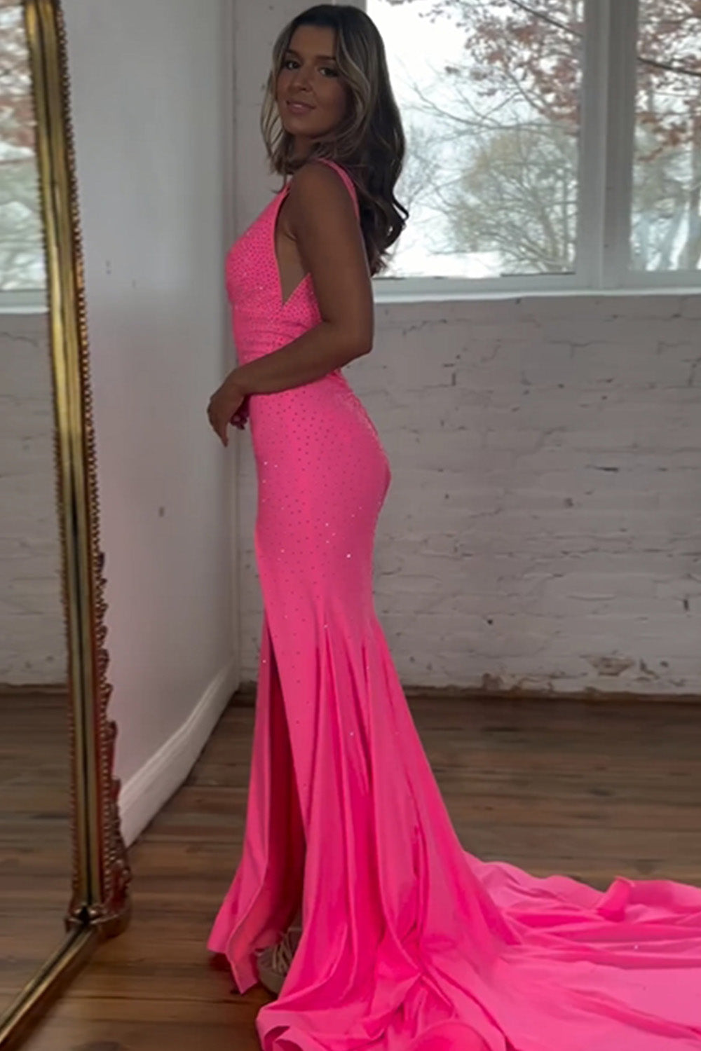 Mermaid V-Neck Sweep Train Beaded Prom Dress With Split