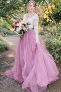 NumberSea Pink Tulle A-line Long Sleeves Lace Top Vintage Wedding Dresses, MW919