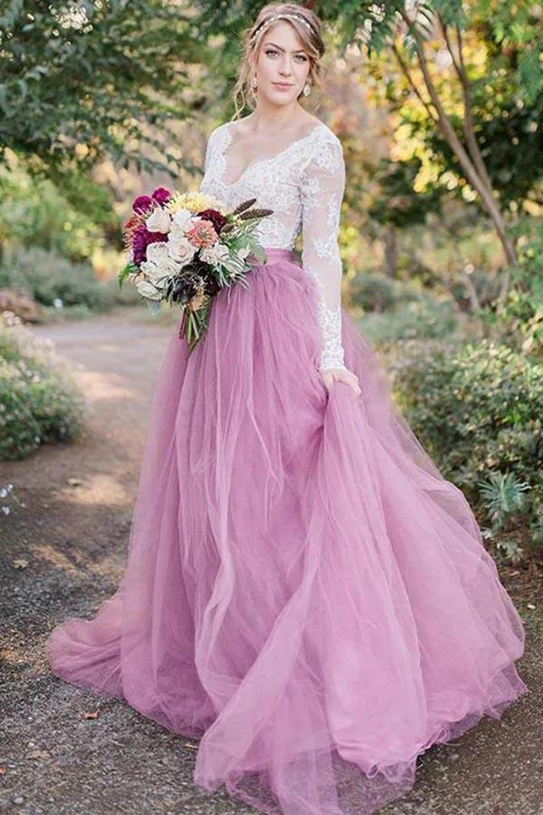 NumberSea Pink Tulle A-line Long Sleeves Lace Top Vintage Wedding Dresses, MW919
