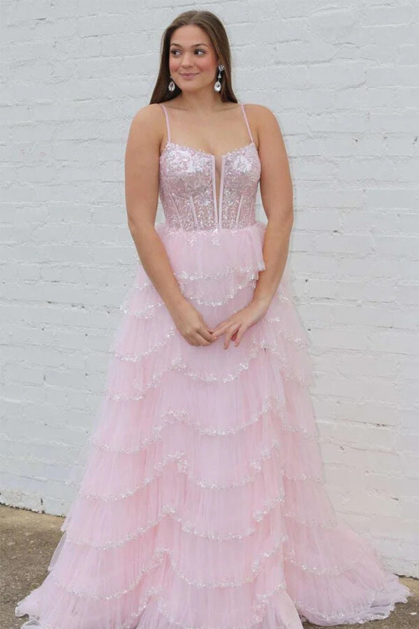 Tulle A-line Spaghetti Straps Plunging Neck Lace Prom Dresses