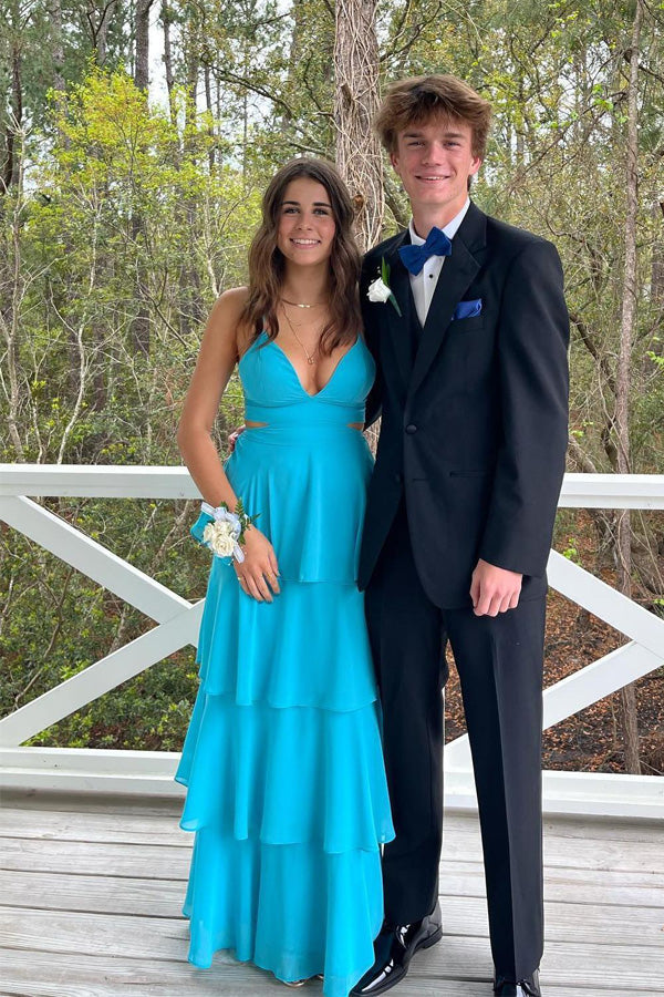 Pretty Cutouts Tiered Chiffon Blue Prom Dress Party Dress PSK610