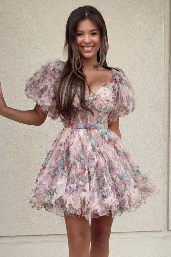 Pretty Fuchsia Puff Sleeves A-Line Princess Homecoming Dress