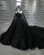 Sequin Shiny Strapless Black Ball Gown Princess Prom Dresses Y56