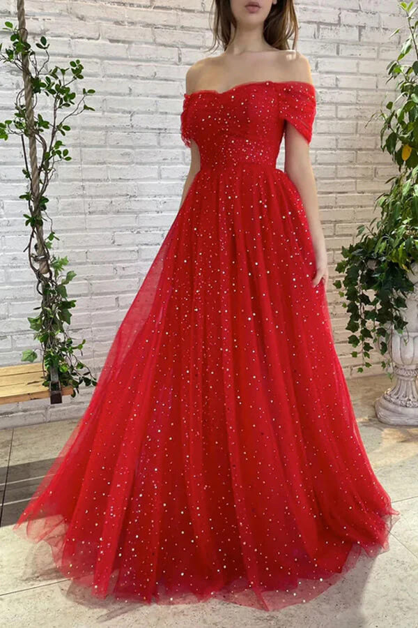 Tulle Off-the-Shoulder Long Prom Dresses, A-line Evening Gowns