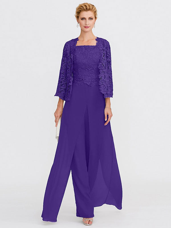 3 Piece Chiffon Square Neck Mother of the Bride Pantsuits with Jacket