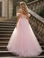 Romantic Off-the-Shoulder Tulle Ball Gown with 3D Floral Sleeves: Prom Dress