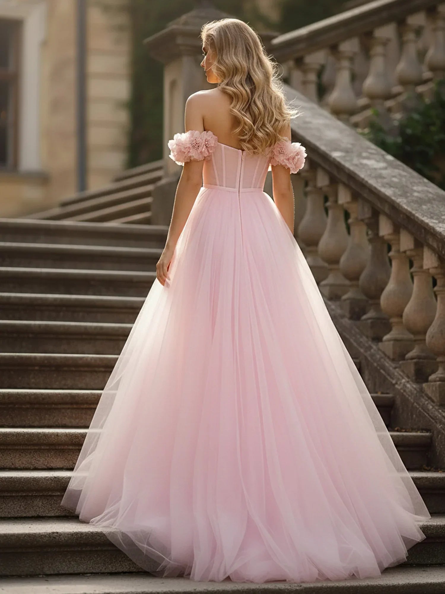Romantic Off-the-Shoulder Tulle Ball Gown with 3D Floral Sleeves: Prom Dress